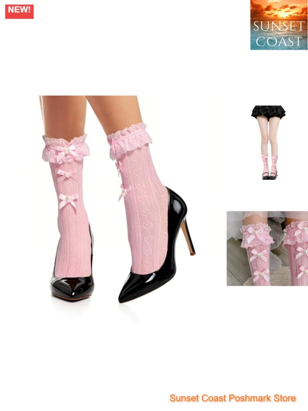 Lace Ruffle Crew Socks with Bows Nylon Mid-Calf Stockings